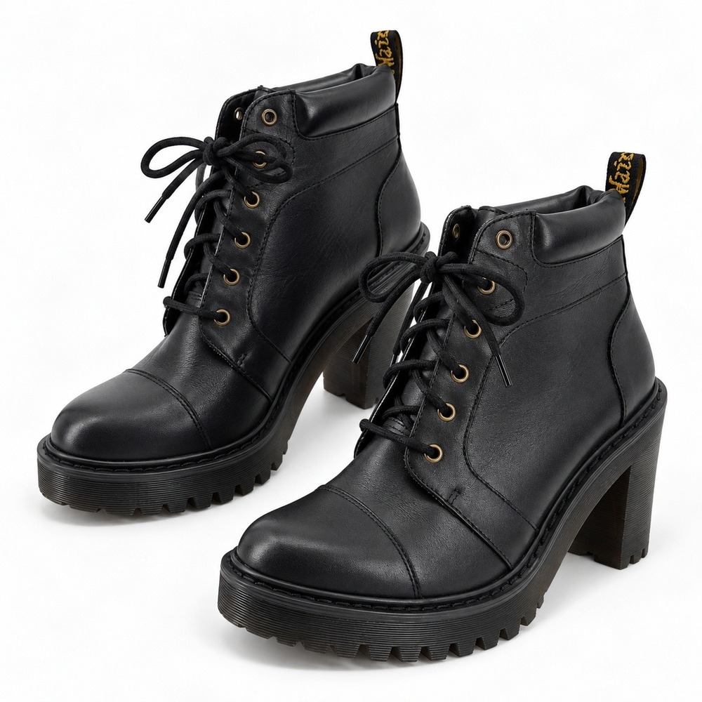 Dr. Martens Averil Boots 7 Black Leather Lace Up Chunky Heel Platform